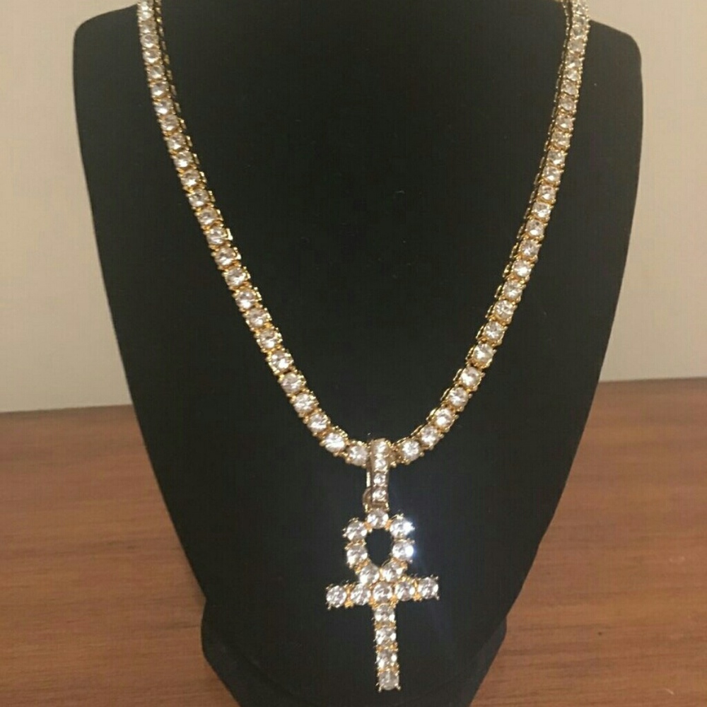 Men Gold Iced Out Crystal Ankh Necklace - Picture 3 of 3